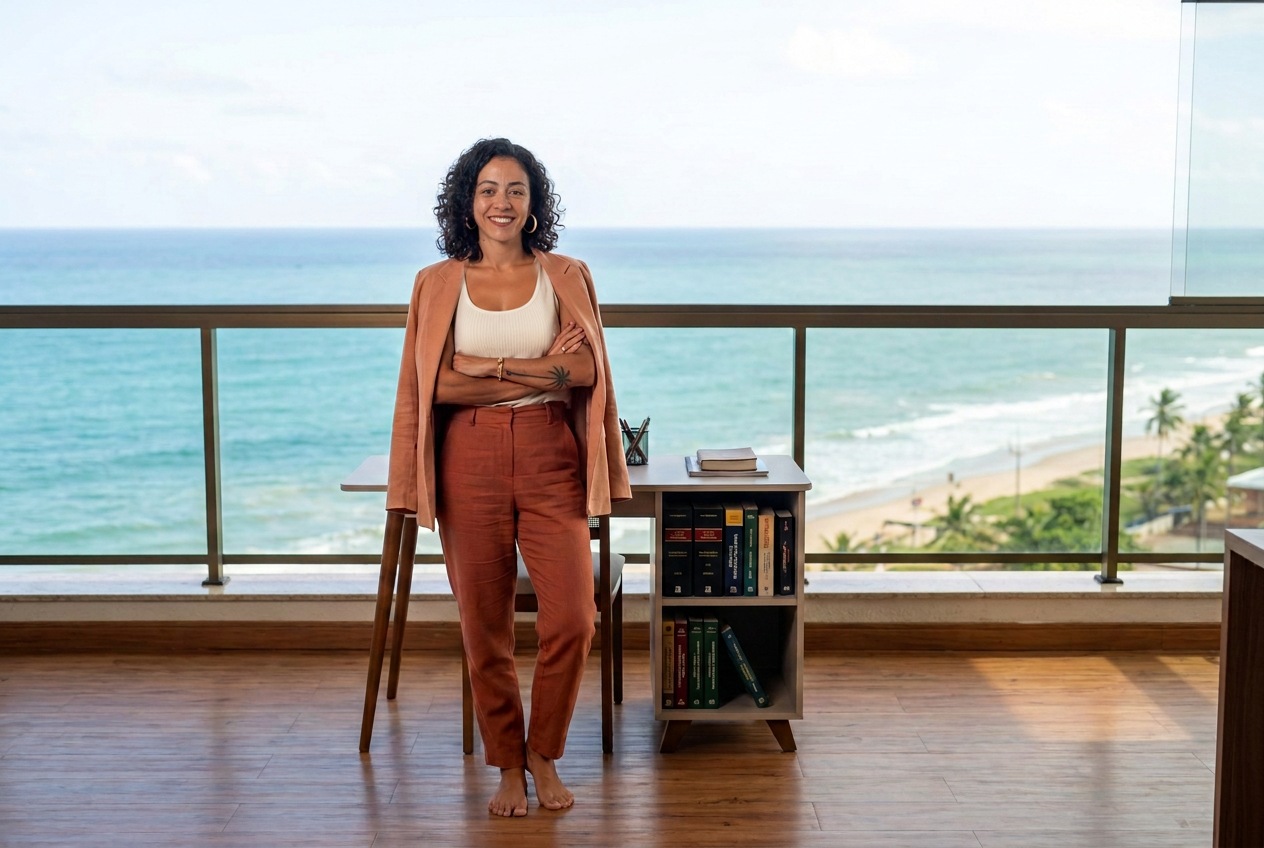 Camila de Magalhães em pé, de braços cruzados, em um ambiente de trabalho com vista para o mar e a natureza